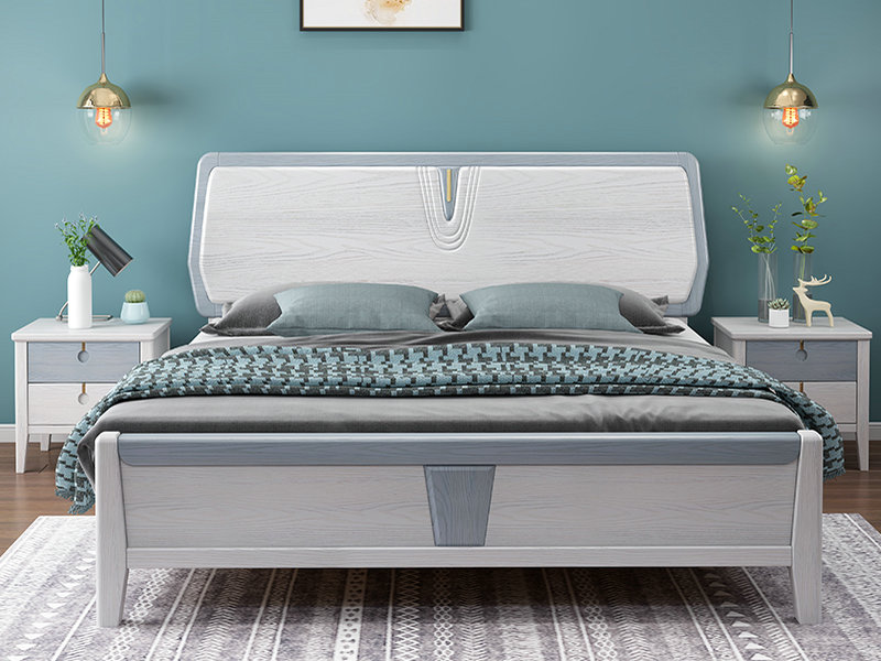 简约北欧实木床1.5单1.8米双人床卧室结婚白色压纹纹路橡木储物床