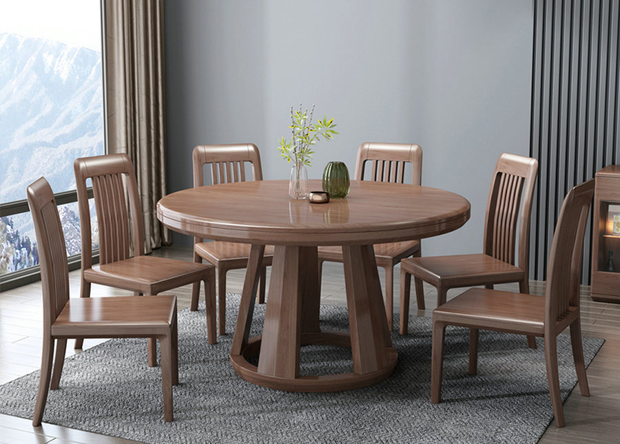 德式全实木餐桌椅组合现代简约胡桃木餐桌小户型餐桌圆形家用饭桌