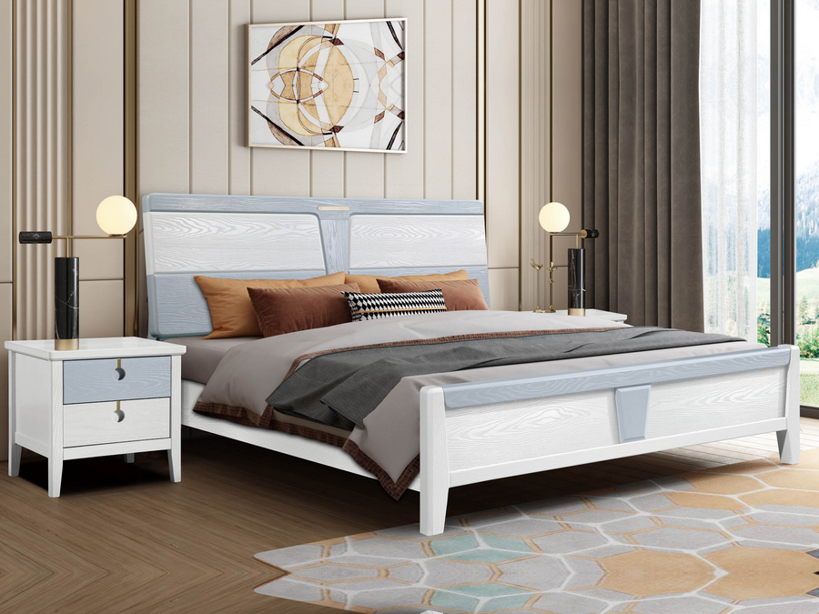 北欧极简轻奢实木床1.8米1.5双人床现代简约压纹高箱储物橡木婚床