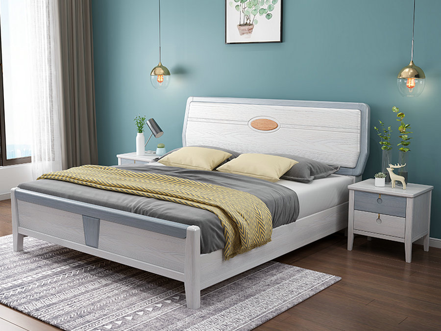 实木床现代简约1.5米单人1.8米双人床卧室结婚白色压纹纹路橡木床