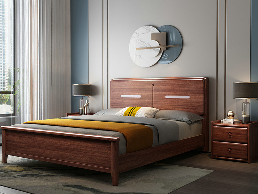 新中式胡桃木全实木床现代简约双人床1.8米1.5米主卧小户型双人床
