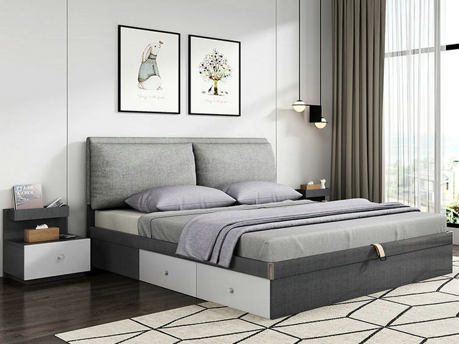 北欧床简约现代1.8米主卧双人床1.5米高箱储物床小户型板式婚床