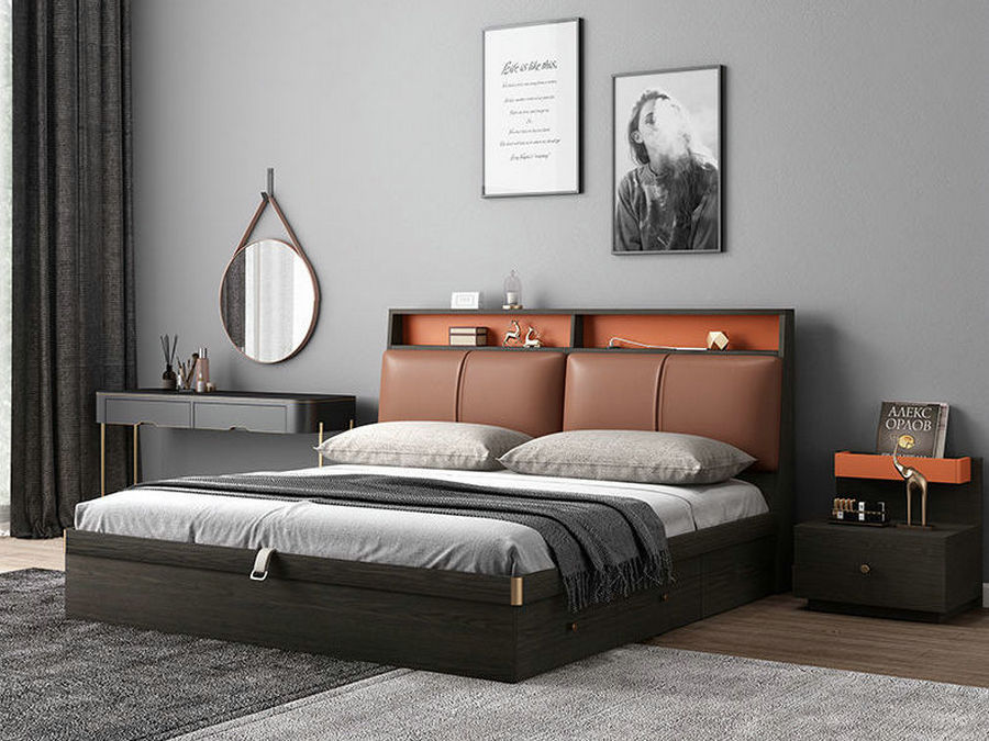 北欧轻奢床现代简约1.8双人1.5主卧婚床板式高箱气压储物床