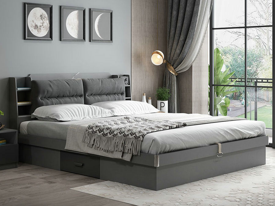 现代气压高箱储物床1.8米双人床1.5米布艺靠背1.2米板式床主卧床