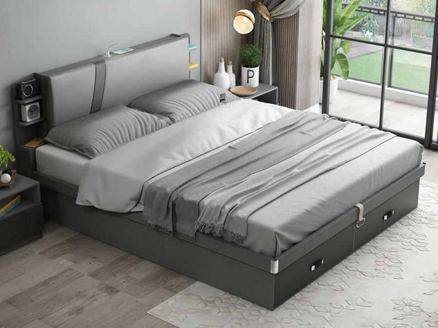 现代简约气压高箱床储物床带USB抽屉1.5米小户型1.8米主卧板式床
