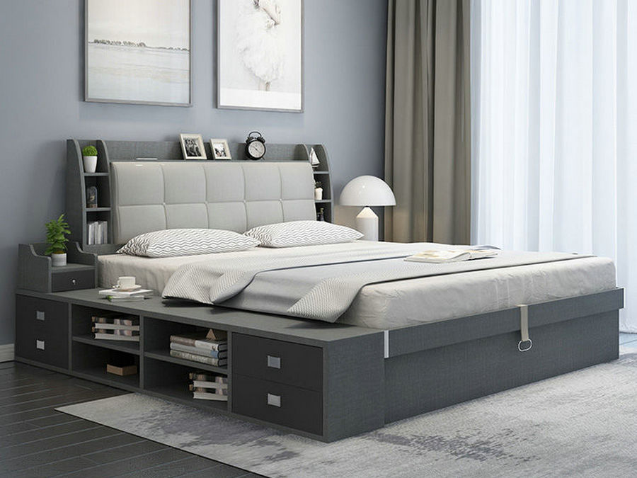 北欧床简约1.35米高箱储物床榻榻米板式床1.5米1.8米双人主卧床