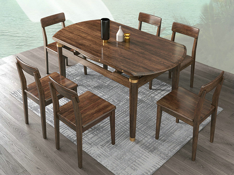 全实木餐桌椅组合现代简约胡桃木餐桌小户型伸缩折叠圆形六人饭桌
