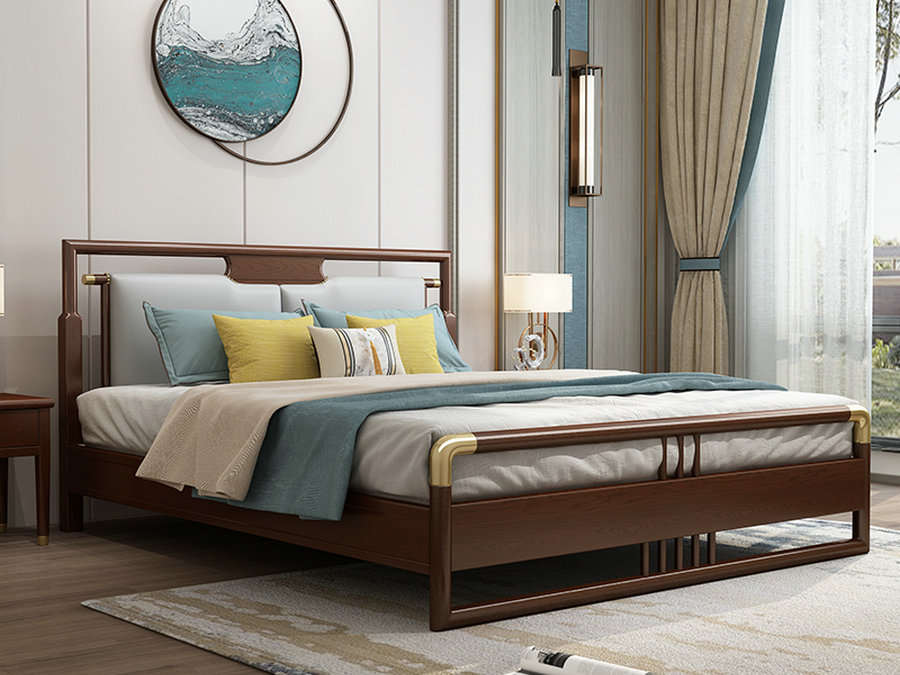 新中式实木床白蜡木家具轻奢简约软包床1.5米1.8主卧婚床铜木结合