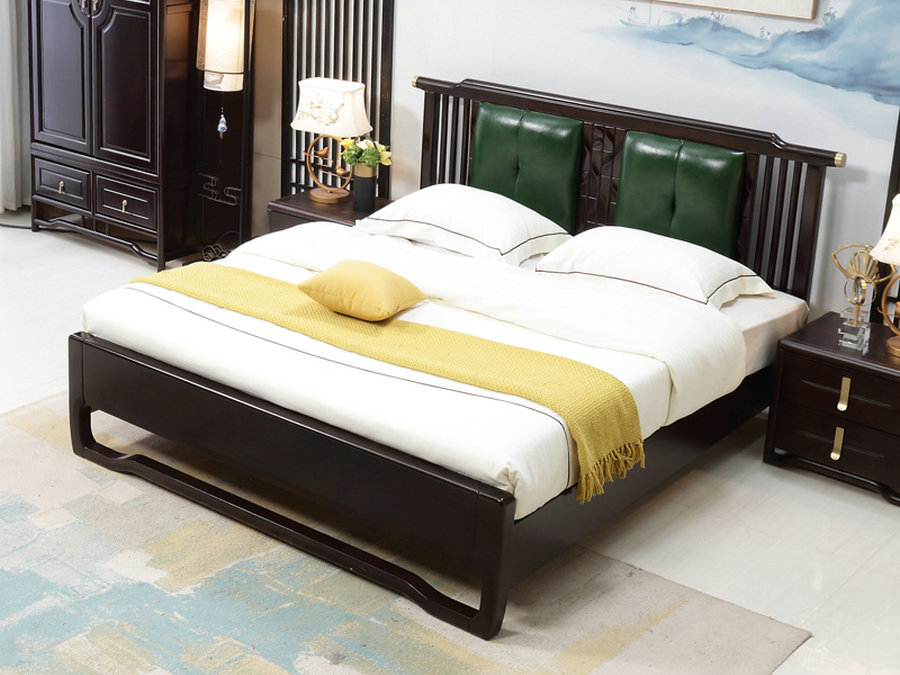新中式实木床1.8m主卧轻奢黑檀色现代简约双人大床高箱储物床