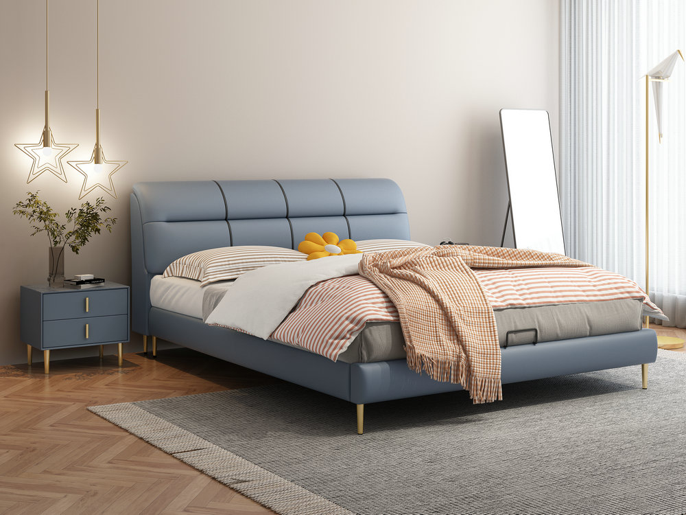 新款皮床1.8米主卧室双人大床现代简约轻奢储物实木软包科技布床