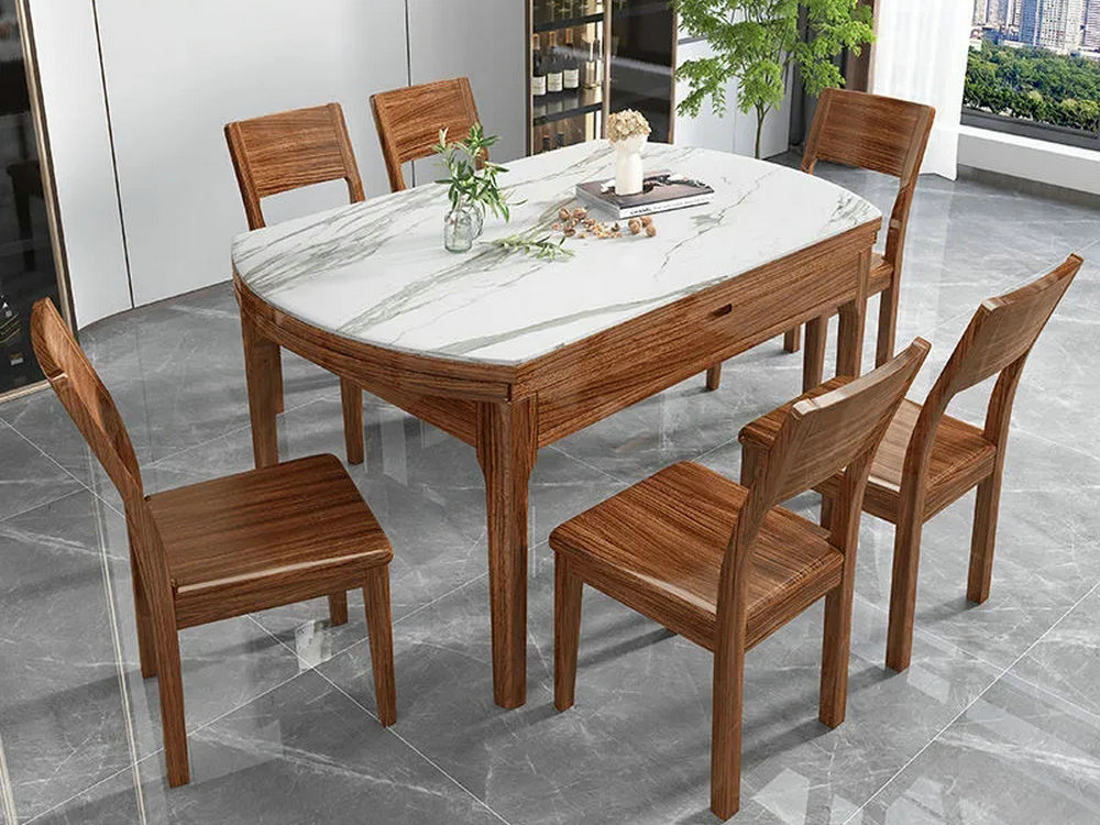 实木岩板餐桌椅组合乌金木餐桌现代简约可伸缩家用桌子小户型饭桌