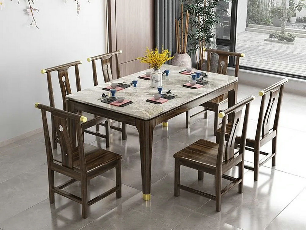 新中式实木岩板乌金木餐桌家用小户型长方形餐厅现代简约饭桌组合