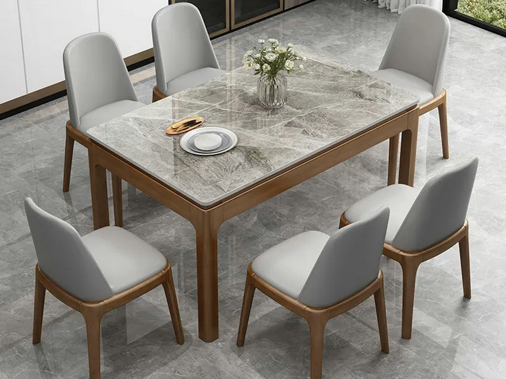 亮光岩板餐桌椅组合现代简约家用北欧全实木小户型长方形吃饭桌子