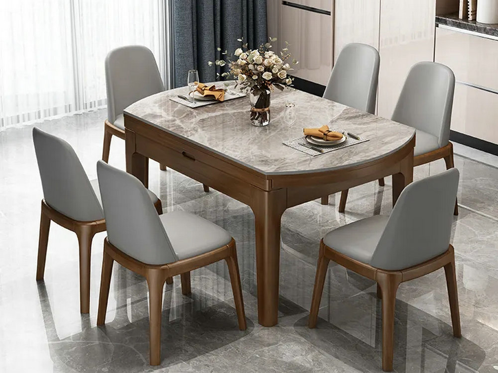 北欧实木岩板餐桌椅组合现代简约家用小户型伸缩折叠吃饭圆形桌子