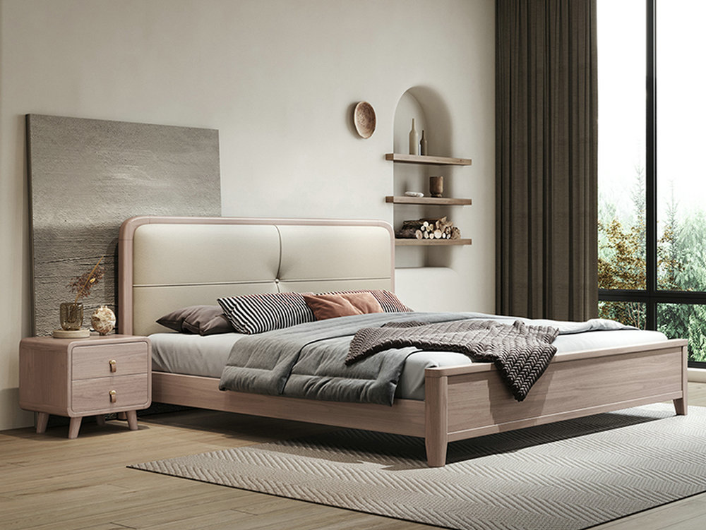 侘寂风全实木床现代简约1.8米软包双人床主卧室1.5白蜡木北欧家具